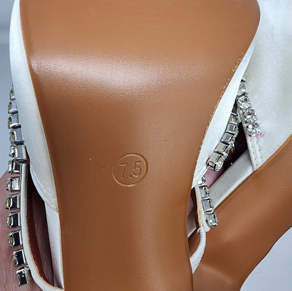 New‎ White Satin Rhinestone Heels Elegant  Mule Stiletto Pumps Wedding Party 7.5 - Picture 9 of 9